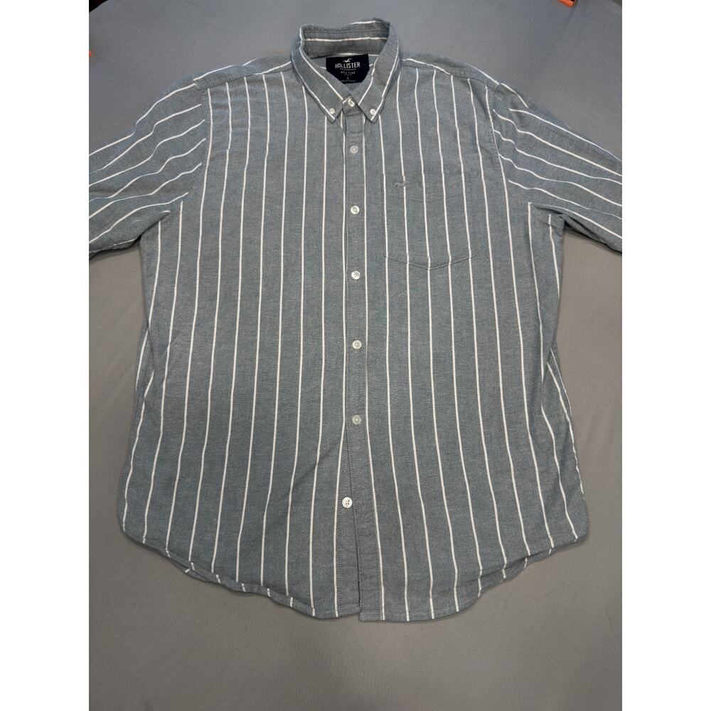 Hollister Men's Epic Flex Stretch Shirt L Green and White Stripe Button Up